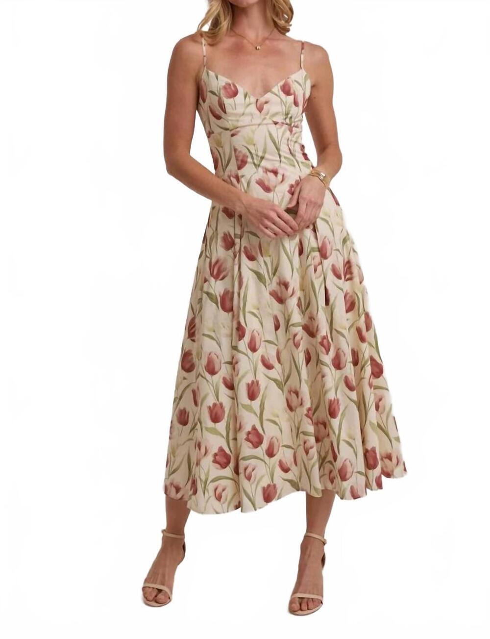 NEW BON romantic tulip print midi dress in ivory rose